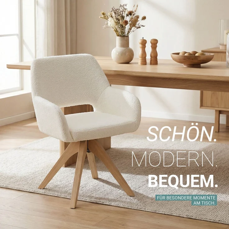 Esszimmerstühle Drehbar Set 6 Stühle für den Esstisch Drehstuhl mit Armlehne Teddystoff Weiß Polsterstühle Sessel Modern – Bild 7