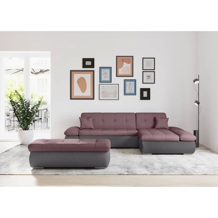 DOMO collection Ecksofa MORIC 300x172 cm, XXL-Sofa mit viel Platz, L-Form, auch in Cord, wahlweise mit Bettfunktion und Armteilverstellung, grau-beere – Bild 4
