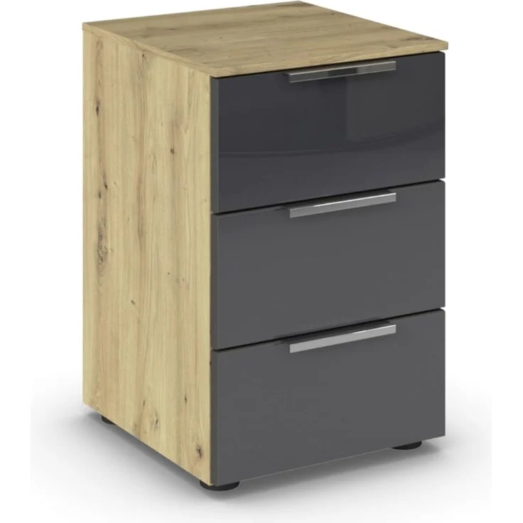 Rauch Möbel Flipp, Kommode für Schlafzimmer, Kinderzimmer, Wohnzimmer, Flur, Garderobe, 3 Schubladen, mit Softclose-Funktion, Farbe Eiche Artisan, Holz/Glas Basalt, Schwarz, Breite 40 cm