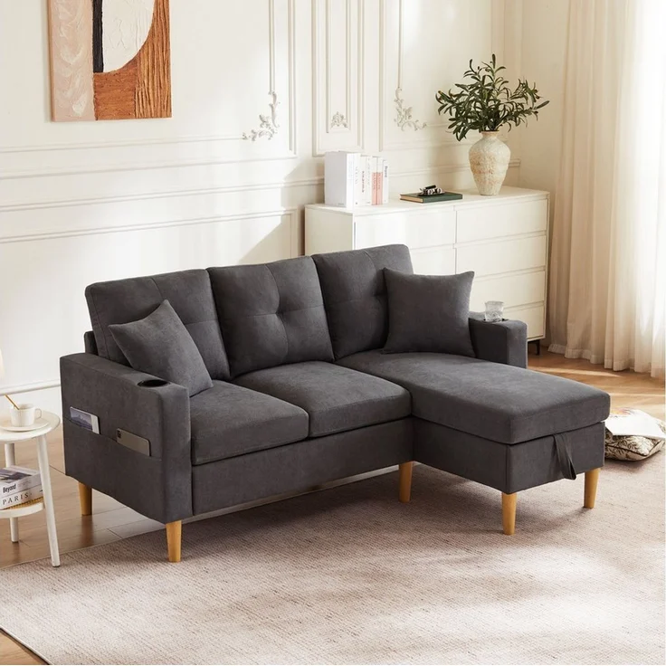 Merax 3-Sitzer Ecksofa Eckcouch in L-Form Eckgarnitur, L-förmiges Sofa aus Baumwoll- und Leinenstoff, 175*129*90cm 1 Teile, 3-Sitzer-Sofa mit integriertem Stauraum, Getränkehaltern und 2 Kissen – Bild 3
