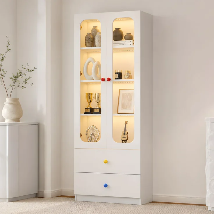 ZUBALIYA Glasvitrine, Aktenschrank, Sammelfiguren-Vitrine, 4 Ebenen Spielzeugschrank mit 2 Schubladen, RGB-LED-Beleuchtung per App steuerbar, Kindermöbel, bunte kugelförmige Keramikgriffe, weiß, 60x35x170 cm – Bild 20