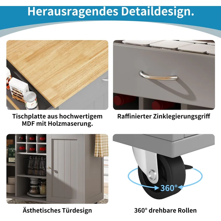 Kücheninsel Grau mit klappbarem Arbeitsbereich, multifunktionaler Esszimmerwagen, MDF-Tischplatte mit Holzmaserung, Zinkgriff,Weinregal und 360°Lenkrollen – Bild 5