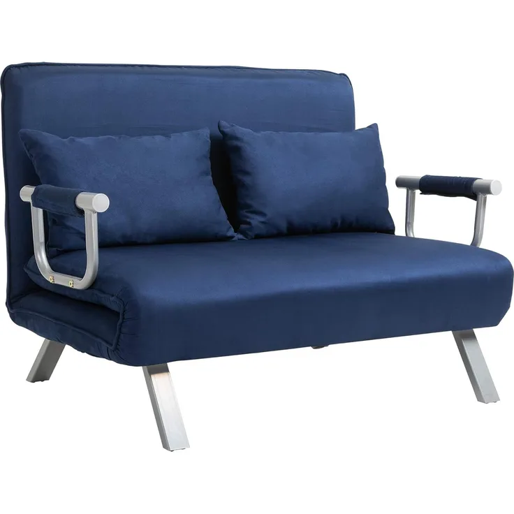 HOMCOM Schlafsofa 2er-Sofa mit Schlaffunktion, Verstellbarer Rückenlehne, Kissen, Couch 1 Teile, für Wohnzimmer, Schlafzimmer, Blau