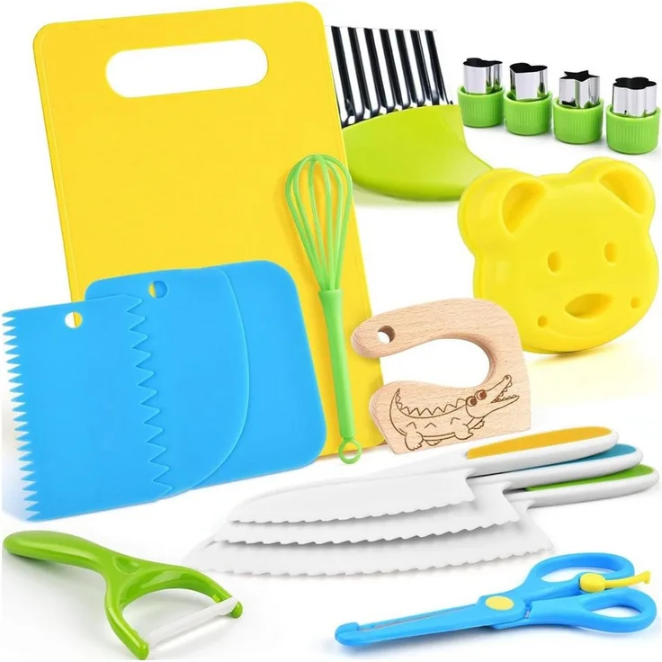 LA CUTE Kinderkochmesser Kinder-Kochzubehör: Kindermesser, Brett für sicheres Kochen, Kostenlose schnittsichere Handschuhe für Kinder