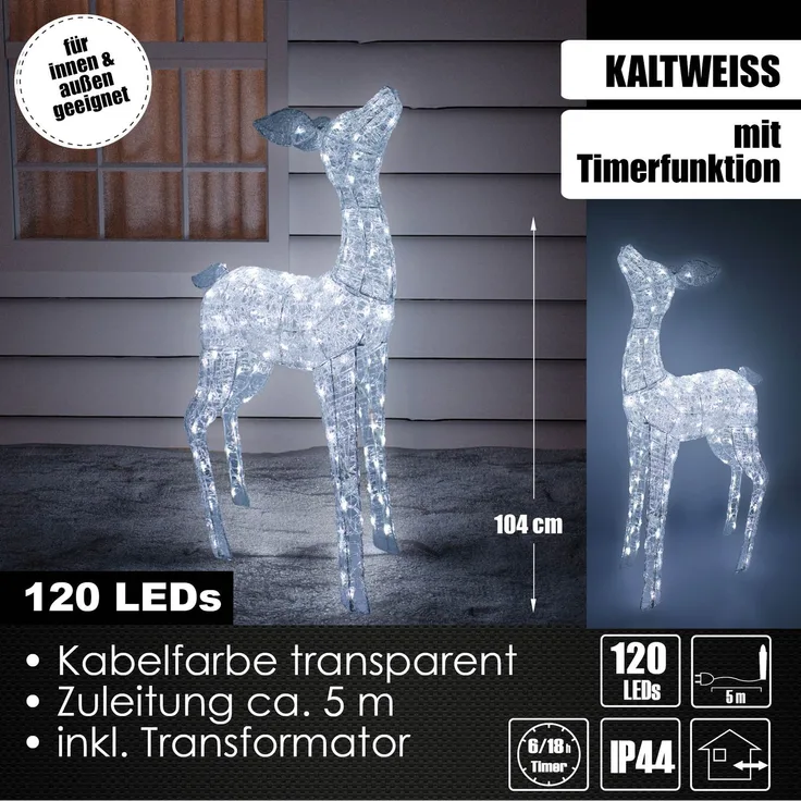 XL LED Acryl Hirschkuh Weihnachtsfigur 104cm beleuchtet Weihnachtsdeko Außen & Innen kaltweiß