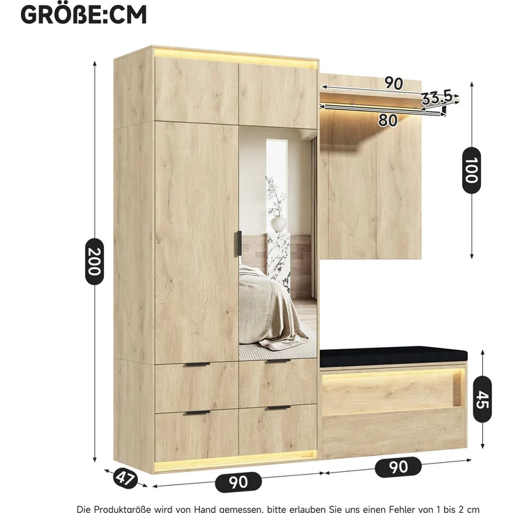 Garderoben-Set aus MDF mit LED-Beleuchtung, Spiegel und Sitzbank, 180x47x200 cm, Eiche/Anthrazit – Bild 6