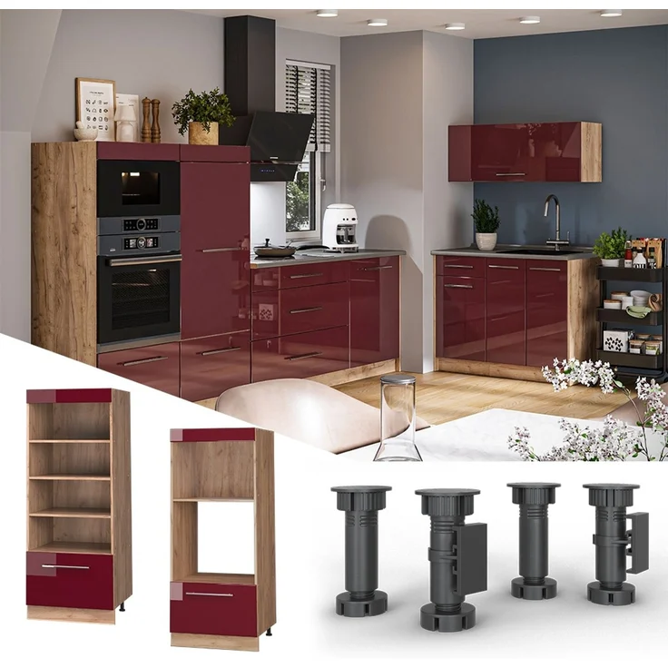 Küchenregal Fame-Line Bordeaux Hochglanz/Goldkraft Eiche 60 cm Vicco – Bild 4