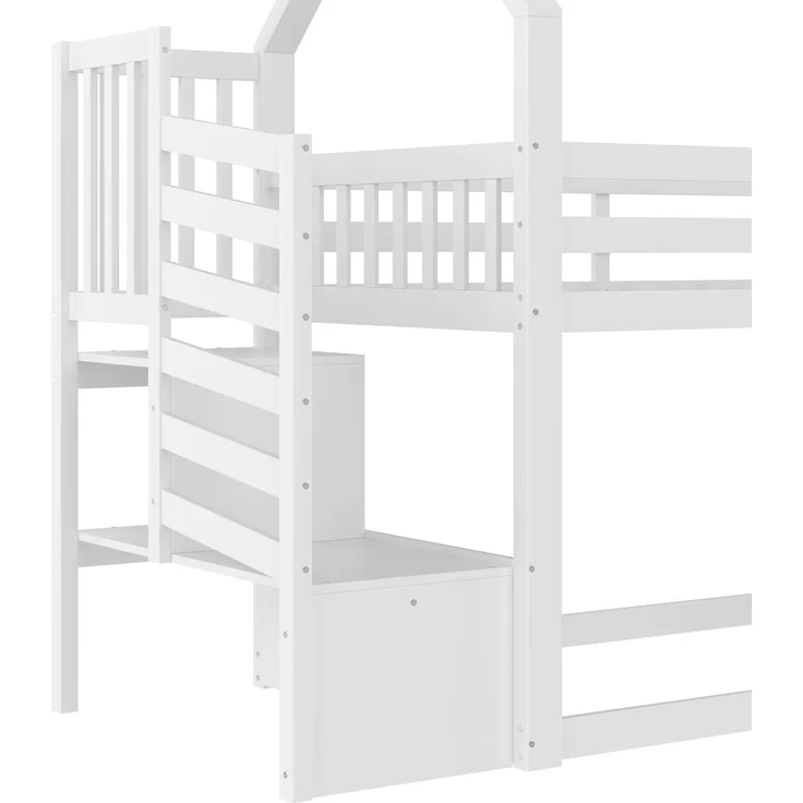 CHICFURN Etagenbett aus Kiefernholz und MDF Weiß 90x200 cm mit Stauraumtreppe und Rutsche – Bild 5