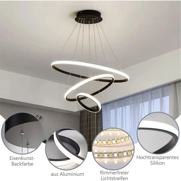 JDONG LED Pendelleuchte 3 Ringen Modern LED Hängelampe Schwarz 53*40*20cm, 54W Esstischlampe Dimmbar mit Fernbedienung, 3000K–6500K Höhenverstellbar 120cm, DIY Kronleuchter, Augenschonend für Esszimmer Wohnzimmer Büro Hotel – Bild 2