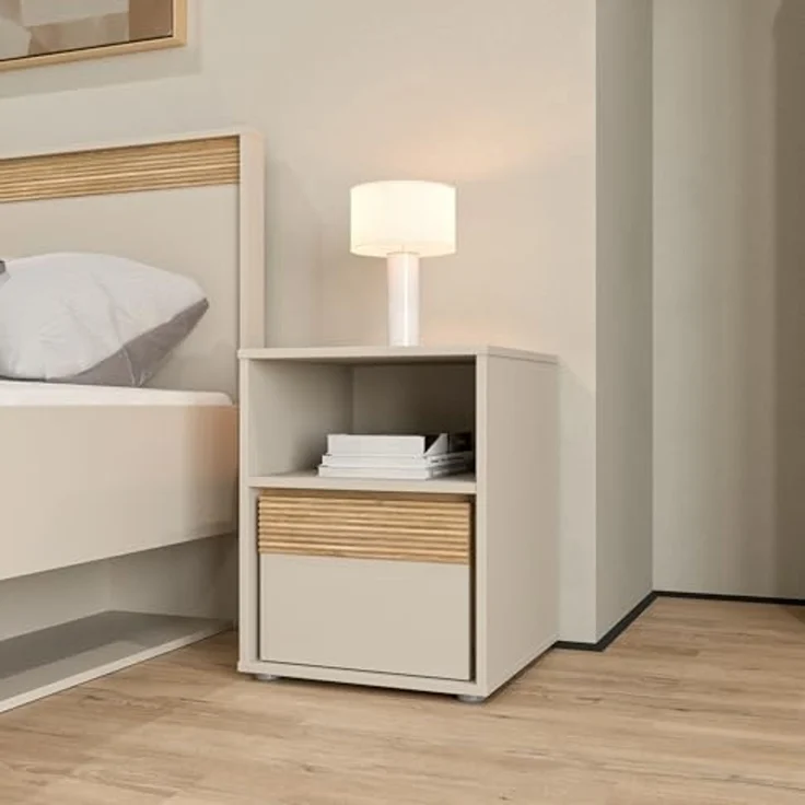 Forte WEXLIN Nachttisch 40 45, Moderne Nachtkommode mit Schublade und Regalfach, Kinder- und Jugendzimmer, Kaschmir|Beige|Mauvella Eiche Holzdekor, 41,3 cm breit x 52,1 cm hoch x 42 cm tief – Bild 1