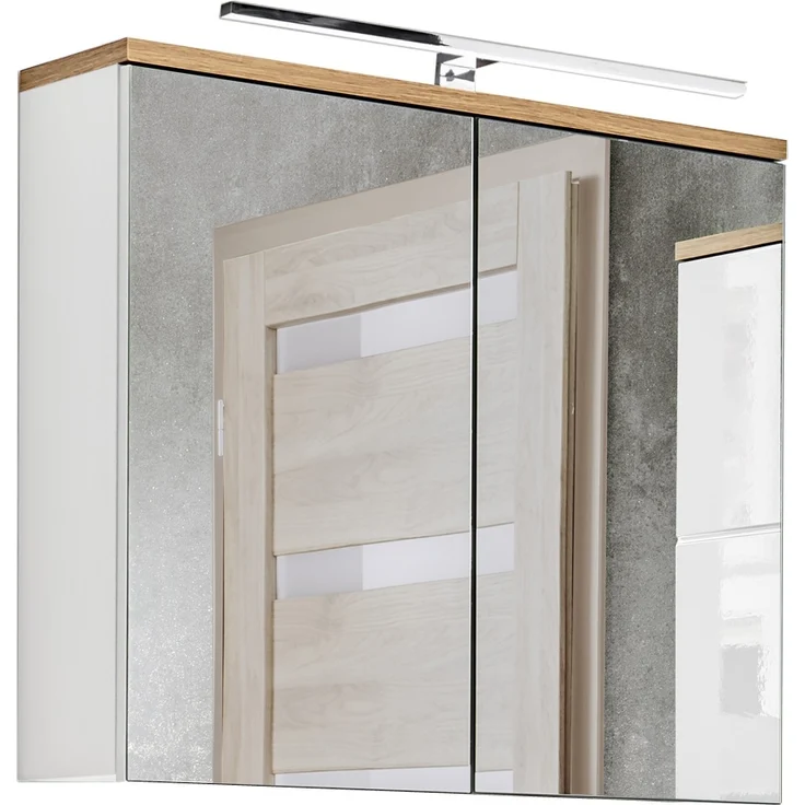 Badezimmer Spiegelschrank 80 cm LED-Beleuchtung LUTON-56 Hochglanz weiß mit Wotan Eiche Nb, B/H/T ca. 80/70/20 cm – Bild 4