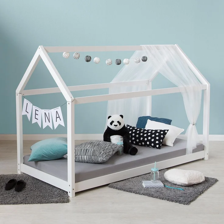 Kinderbett 80x160 cm mit Matratze Hausbett Weiß Bodenbett Montessori Bett Holzbett Lattenrost – Bild 2