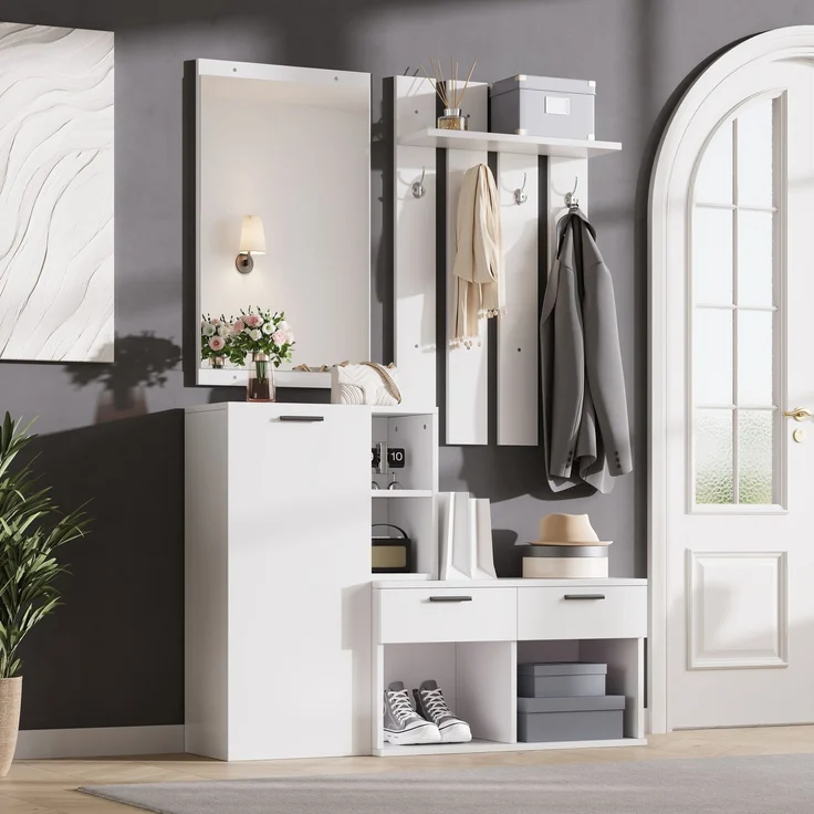 Garderobe im Flur,Garderobenständer für den Eingangsbereich, inklusive Schuhschrank, Spiegel und Kleiderhaken, Kompaktgarderobe mit 2 Schubladen,für Flur Eingangsbereich, Weiß,120x35x175.5cm – Bild 1