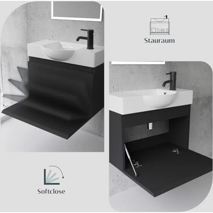 Alpenberger Badmöbel-Set Waschbecken mit Unterschrank 55 cm Breit, (Badezimmermöbel Waschtisch, Badschrank Schmal), Waschbeckenunterschrank mit Softclose – Bild 5