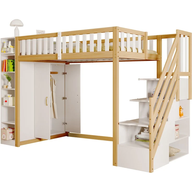 Merax Hochbett mit Regalen, Stauschrank, großem Kleiderschrank und Sicherheitsleiter mit Ablagefächern, Holz natur / weiß, 90x200 cm – Bild 10