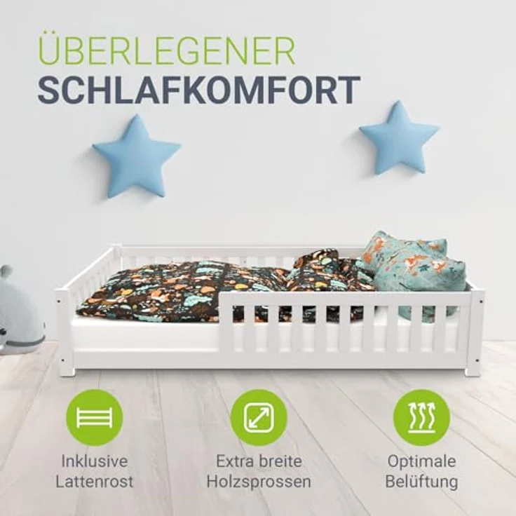 Juskys 'Naya' Kinderbett - mit Matratze, Rausfallschutz & Lattenrost - Bodenbett für Kinder 3 -10 Jahre - Holz Weiß, 120x200 cm – Bild 4