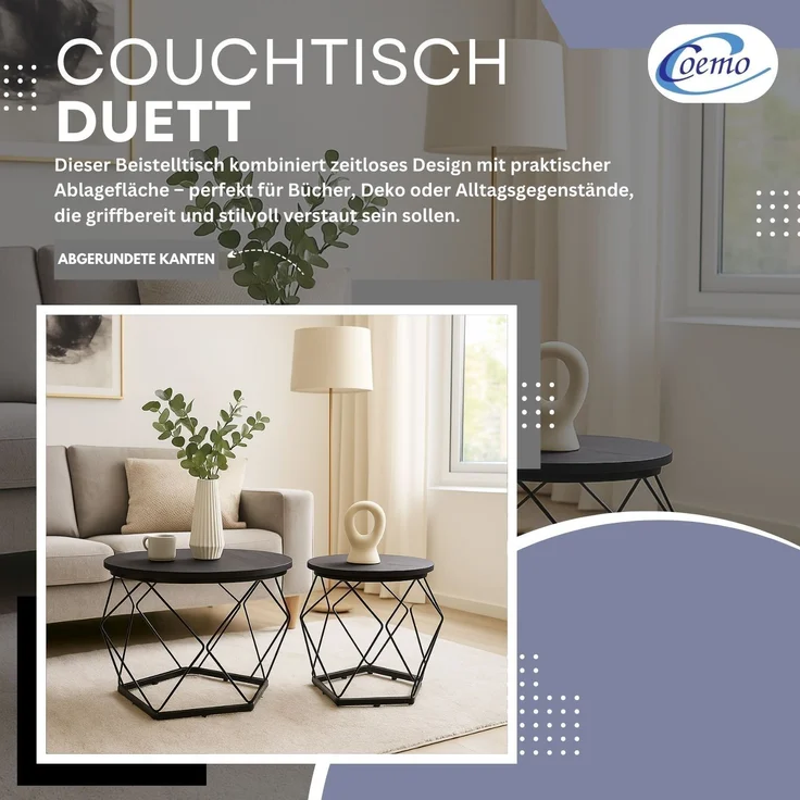 Coemo Couchtisch Duett 2-er Set stillvolle Metallbeine in Schwarz – Bild 2