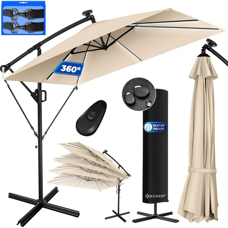 KESSER® Ampelschirm Holly Sonnenschirm Rechteckig mit und ohne LED Solar inkl. Abdeckung + Windsicherung mit Kurbel | Kurbel-Schirm mit Ständer UV-Schutz Aluminium Wasserabweisend Ø350cm Gartenschirm Beige, Mit LED – Bild 1