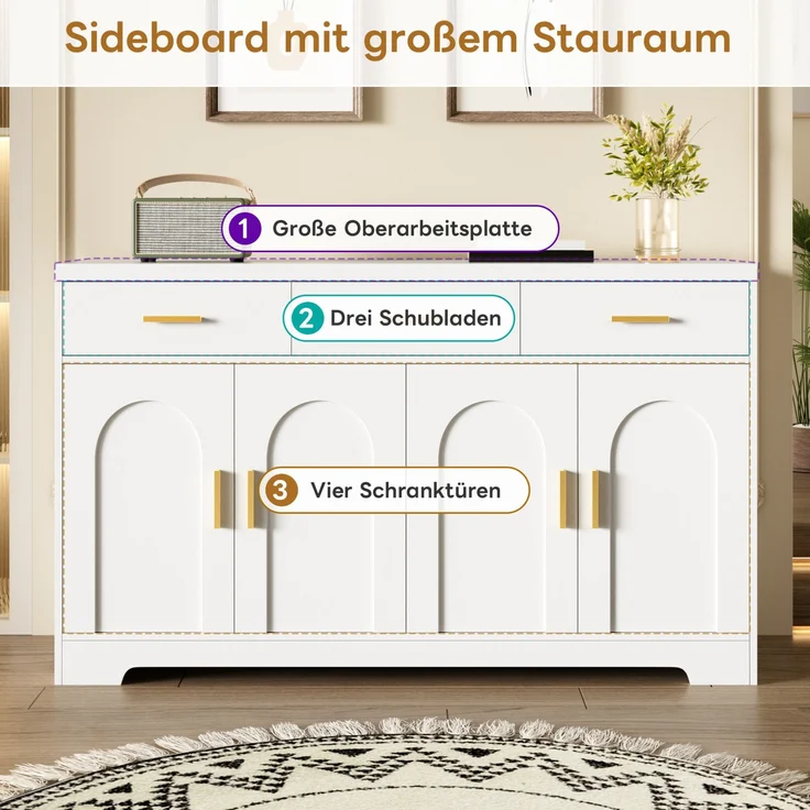 DESVIAE Sideboard Weiß aus MDF – 140x83x40 cm – 3 Schubladen, 4 Türen – Bild 5