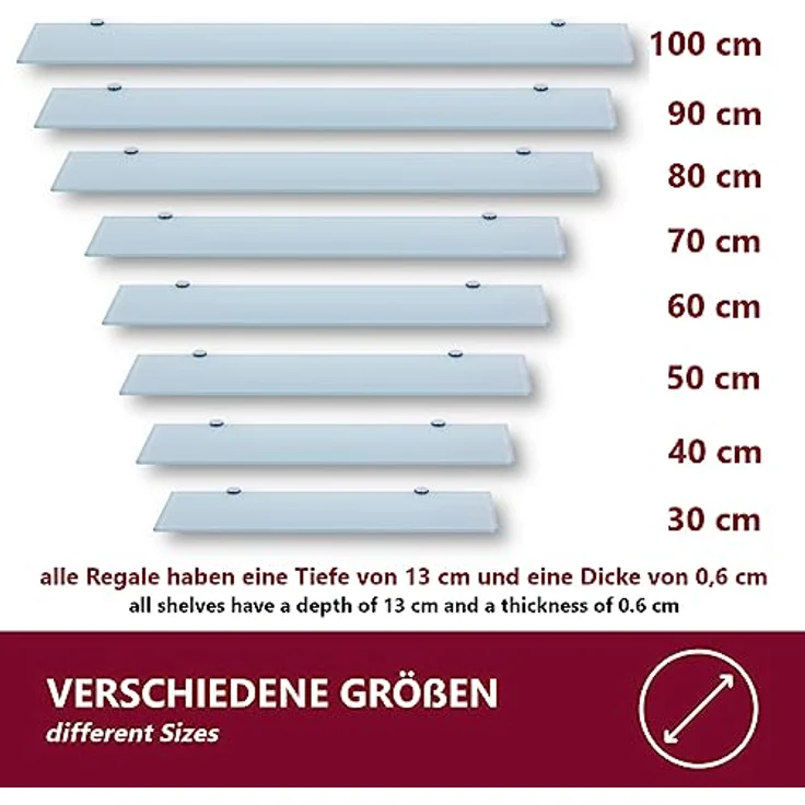 HOOZ Wandregal aus Sicherheitsglas mit Halterung - Weiß - 70 x 13 x 0,6 cm, 1-tlg, mit geschliffenen Kanten – Bild 5