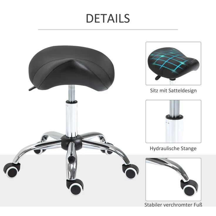 Rollhocker höhenverstellbar Drehhocker 49-61 cm Arbeitshocker drehbarer Sattelhocker für Büro Salon Massage Spa Schwarz--Schwarz--61x52x53cm--YOUDENOVA – Bild 8