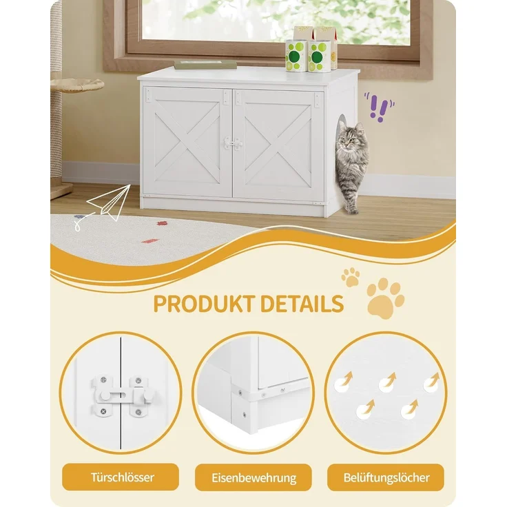 Katzenklo Schrank, Katzenschrank, Katzentoilette mit Herausnehmbarer Trennwand, Katzenhaus, Umkehrbarer Eingang Links oder Rechts, als Sideboard, 80 x 50 x 54 cm, Weiß – Bild 3