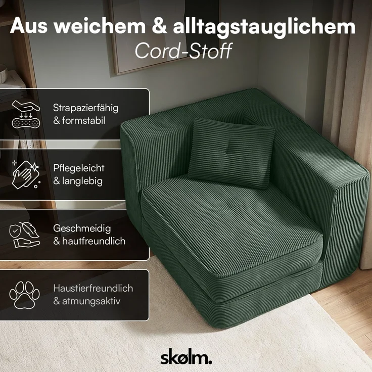 skølm 'Ránar' Ecksessel mit Liegefunktion und 1 Kissen, Sessel ausklappbar, vakuumverpackt ohne Aufbau, dunkelgrün aus Cord – Bild 7