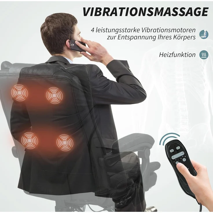 Vinsetto Schreibtischstuhl Bürostuhl mit Vibrationsmassage Chefsessel mit Lendenwärmer (Drehstuhl, 1 St), Höhenverstellbar Schreibtischstuhl mit Lendenwirbelstütze, drehbar – Bild 4