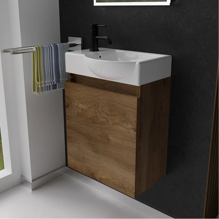 Alpenberger Badmöbel-Set Gäste WC Waschbecken mit Unterschrank - Hängeschrank Vormontiert, (Badschrank 2-tlg, Waschtisch hängend), Waschbeckenunterschrank mit Softclose - Farbe Eiche - Rechts Becken