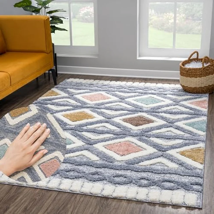 Teppich Wohnzimmer Hochflor - 80x150cm - Einfarbig - Pastell Multi - Boho - Modern Raute Ornamente - Skandinavisch Flauschig Weich - Schlafzimmer – Bild 2