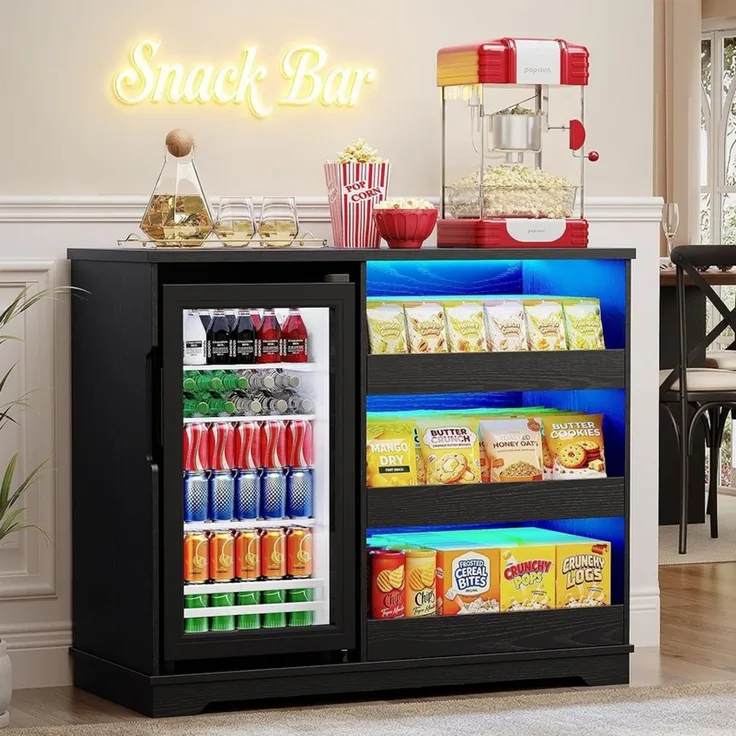 Snackschrank 100x43.5x83 cm mit 92L Kühlschrank, LED-Beleuchtung und Stauraum, Schwarz