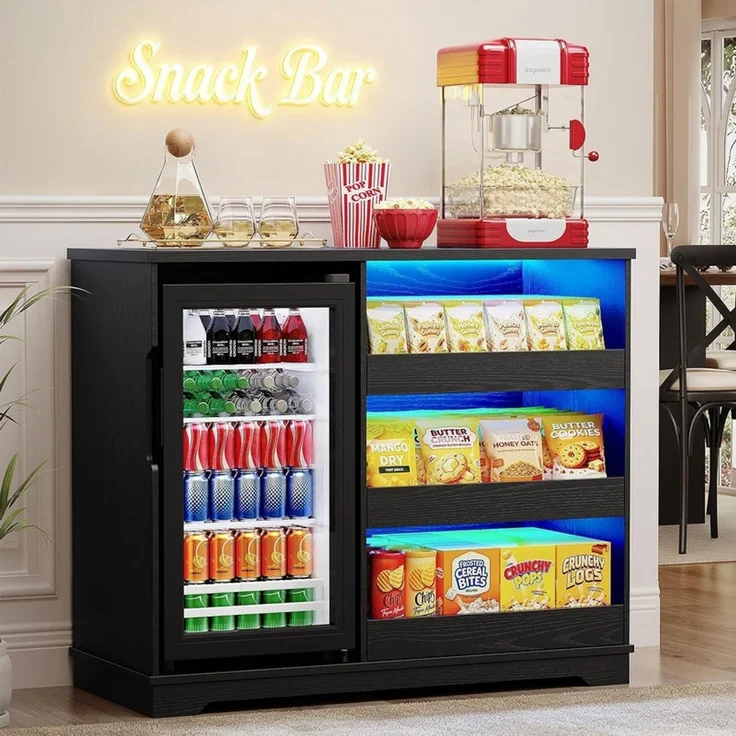 Snackschrank 100x43.5x83 cm mit 92L Kühlschrank, LED-Beleuchtung und Stauraum, Schwarz – Bild 1