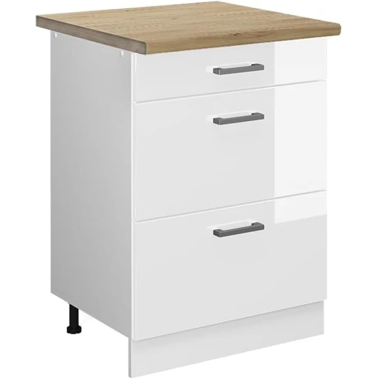 Vicco Küchenunterschrank R-Line, Weiß Hochglanz/Weiß, 60 cm mit Schubladen, AP Eiche – Bild 1