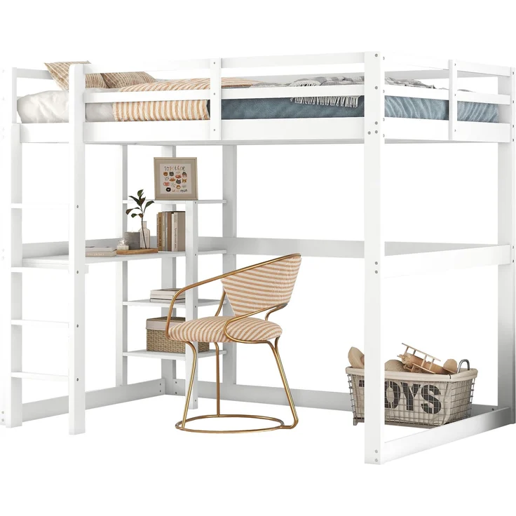 Hochbett 140x200 cm mit Schreibtisch und 4 Ablagefächern, Kinderbett Doppelbett aus massivem Kiefernholz,mit Stauraum,Weiß – Bild 5