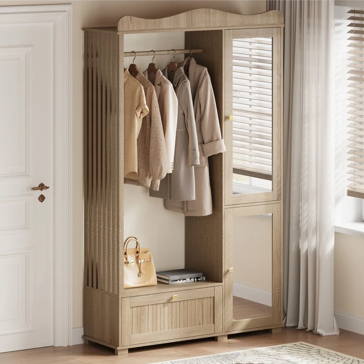 Garderobenschrank mit Spiegel & Offener Kleiderständer – ,Kompaktgarderobe,Praktische Aufbewahrung mit Schublade & 2 Türen, Ideal für Schlafzimmer & Flur--Eiche--115.5x38.5x194.5cm--YOUDENOVA – Bild 2
