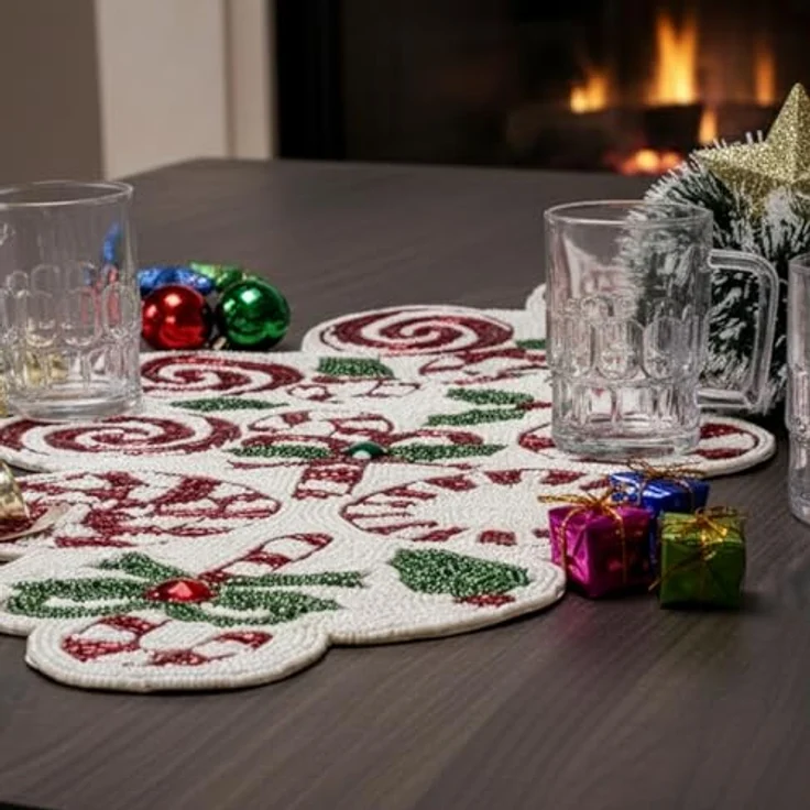 Alpha Living Home Weihnachtstischläufer 33x91,4 cm Candy Perlen Tischläufer Tischmatten für Küchentisch Home Decor Matte für Ernte, Hochzeit, Party Dekoration Rot/Grün/Weiß – Bild 9