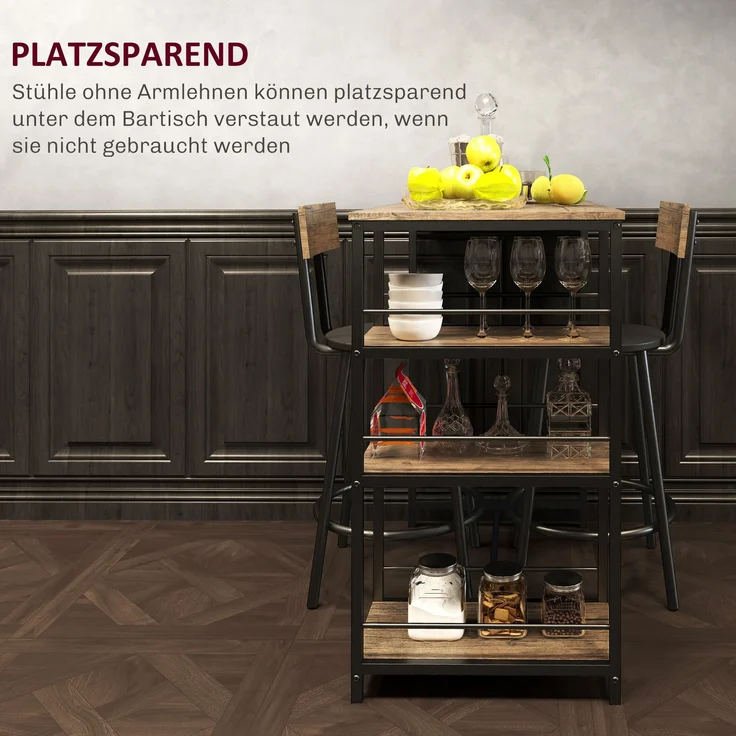 Bartisch mit Barhocker Set, 3-tlg, Bartisch-Set mit Küchentisch, 3 Ablagen, 2 Barstühlen, im Modern-Stil, Essgruppe für Esszimmer, Küche, Stahl, Eiche--Eiche--90x50x90.5cm--YOUDENOVA – Bild 6