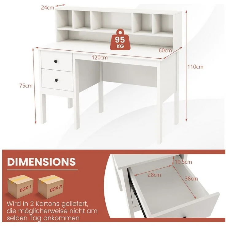 COSTWAY Schreibtisch, mit 2 Schubladen & 5 Fächern, bis 95kg, 120x60x110cm – Bild 2