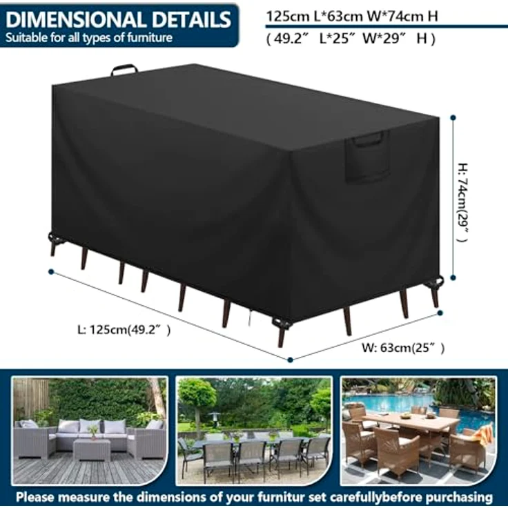Aujink Abdeckung Gartenmöbel Winterfest, Wasserdichte Schutzhülle Gartenmöbel 420D Oxford Anti-UV Abdeckplane für Gartentische Terrassenmöbel Regenschutz und Staubfest Abdeckhaube Schwarz 125 x 63 x 74 cm – Bild 3