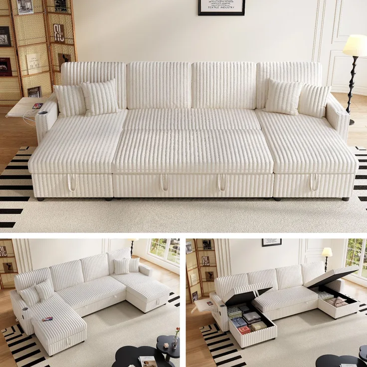 ZUBALIYA SchlafSofa mit USB - Anschluss, mit Stauraum, mit Ausziehbett, mit Cordbezug, modular aufgebaut, Beige