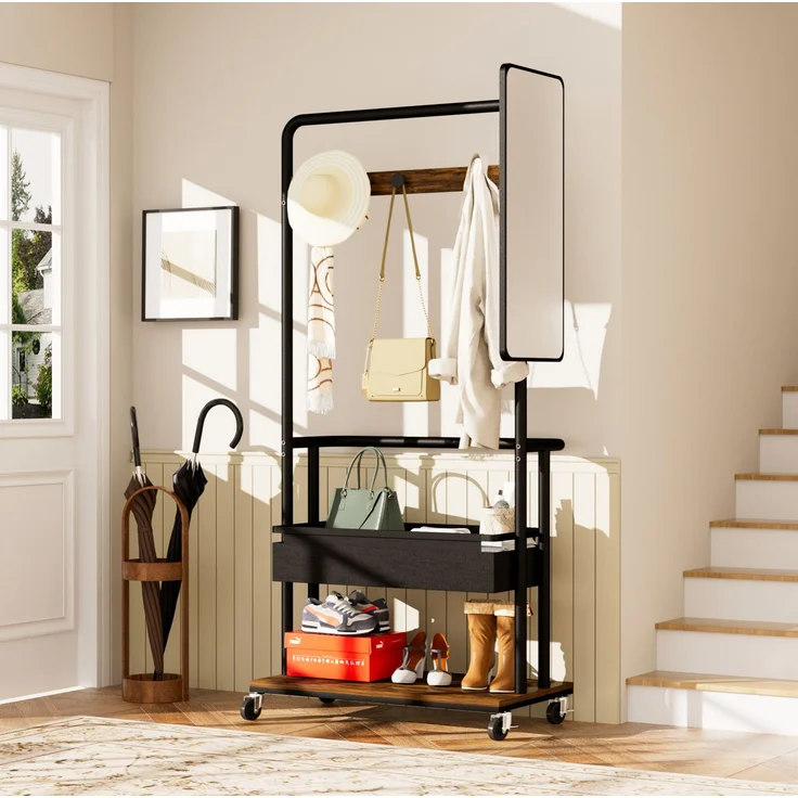 Garderobenständer aus Stahl mit Spiegel, Stofftasche & Rollen, 70x40x170 cm, Schwarz/Braun – Bild 2