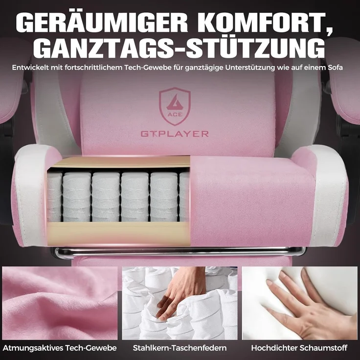 GTPLAYER Gaming Stuhl Ergonomischer, PC Stuhl Atmungsaktiver Stoff, Groß und Hoch Drehbarer Schreibtischstuhl mit Fußstütze,Verstellbare Lendenwirbelstütze und Kopfstütze,Rosa – Bild 6