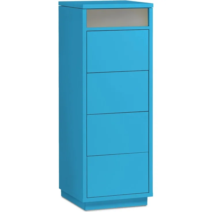 Kommode mit 4 Schubkästen, Klapp-Deckel & Dokumenten-Ablage mit Glasfenster - Schubladen-Turm - Push-To-Open Sideboard türkis-blau
