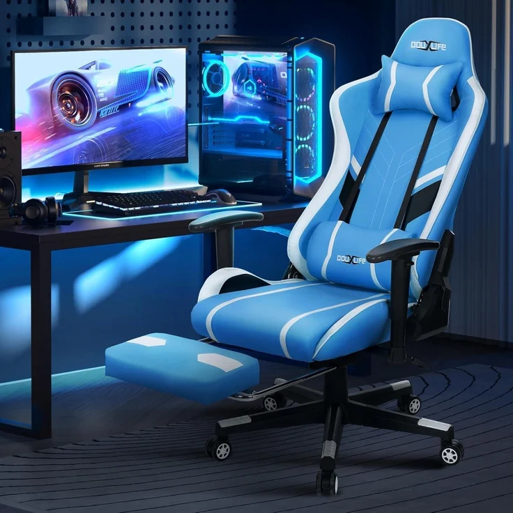 Gaming Stuhl mit 7 Punkt Massage Fußstütze Ergonomischer Bürostuhl Blau – Bild 2