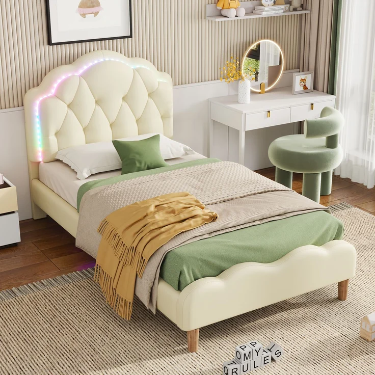 U-life Polsterbett 90x200 cm, Einzelbett und Kinderbett, mit wellenförmigem Kopfteil, LED-Lichtleiste und PU-Bezug, Beige – Bild 4