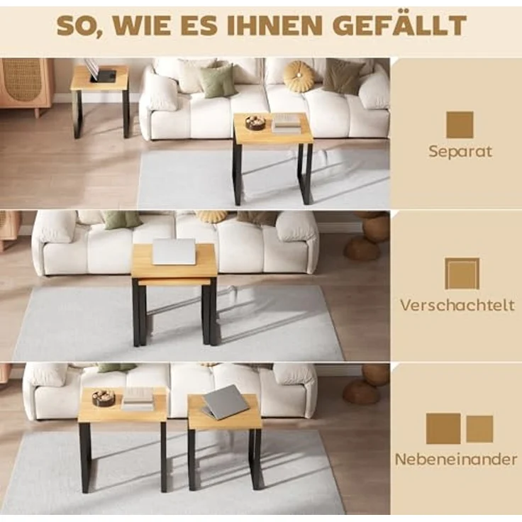 HOMCOM Couchtisch 2er Set Wohnzimmertisch mit Metallrahmen, Satztisch Kaffeetisch Beistelltisch für Wohnzimmer, Schlafzimmer, Balkon Natur – Bild 4