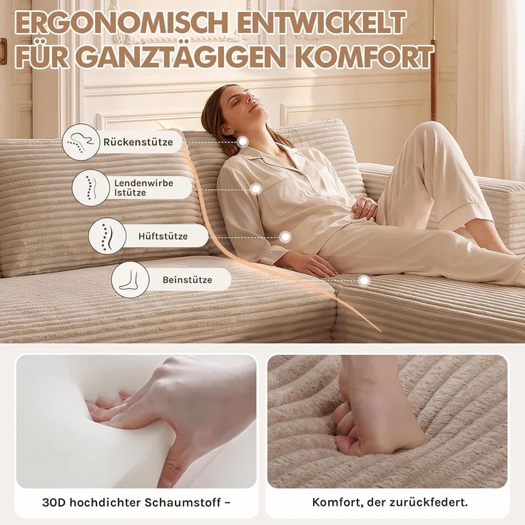 COMHOMA Ecksofa mit Schlaffunktion, 255cm Corduroy Modulares Boneless Couch mit Chaiselongue & Rücken-Metallgestell, L-Form Schlafsofa mit offenem Design, Kissen & Seitentaschen,für Wohnzimmer, Beige-L – Bild 11