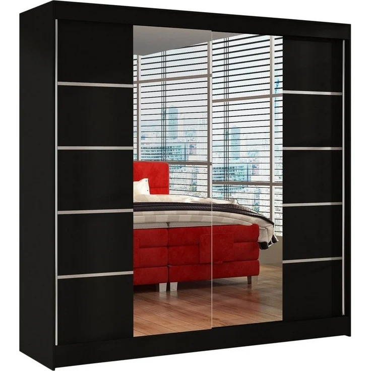 Schwebetürenschrank Basti V 200 cm mit Spiegel - Kleiderschrank mit 2 Türen, Kleiderstange und Einlegeboden, Schlafzimmerschrank, Schiebetürenschrank 200x215x58 cm (Schwarz) – Bild 5