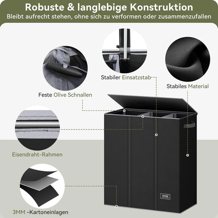SOLEDI 160L Wäschekorb XXL mit Deckel und 3 Wäschesack – Bild 5