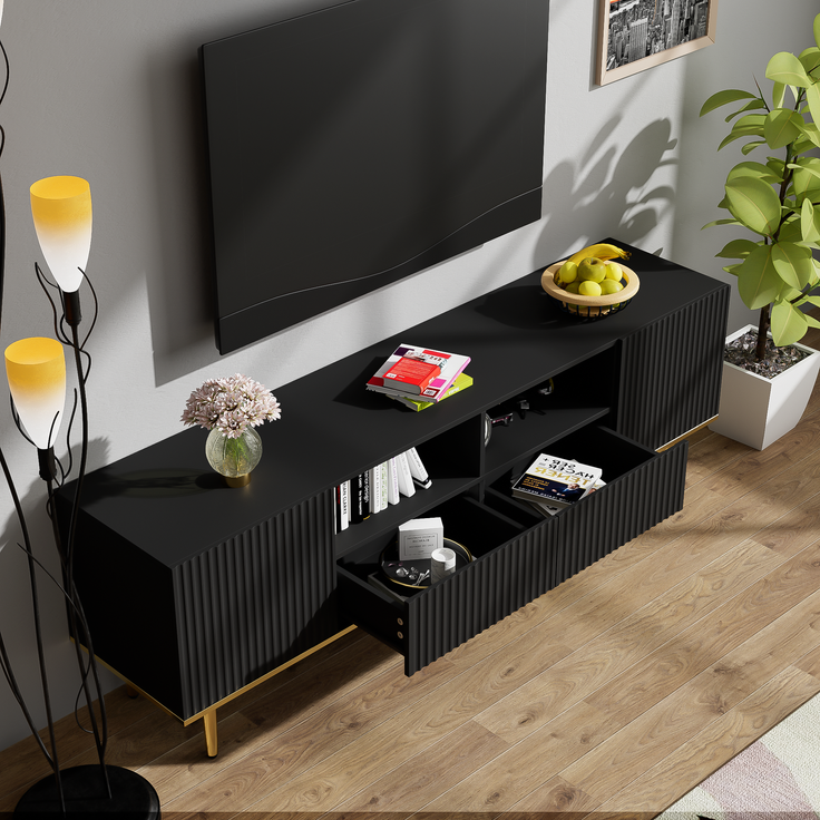 TV-Schrank 165 cm Schwarz mit Gold, Lowboard Sideboard Wohnzimmerschrank, 2 Schubladen, 2 offene Fächer – Bild 2